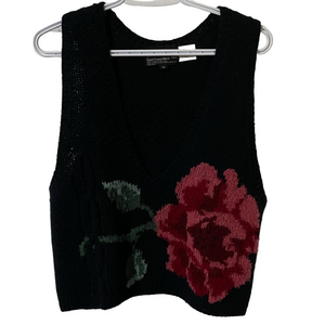 Vintage Carole Little Black Knit  Vest with Red Floral Design Size Medium